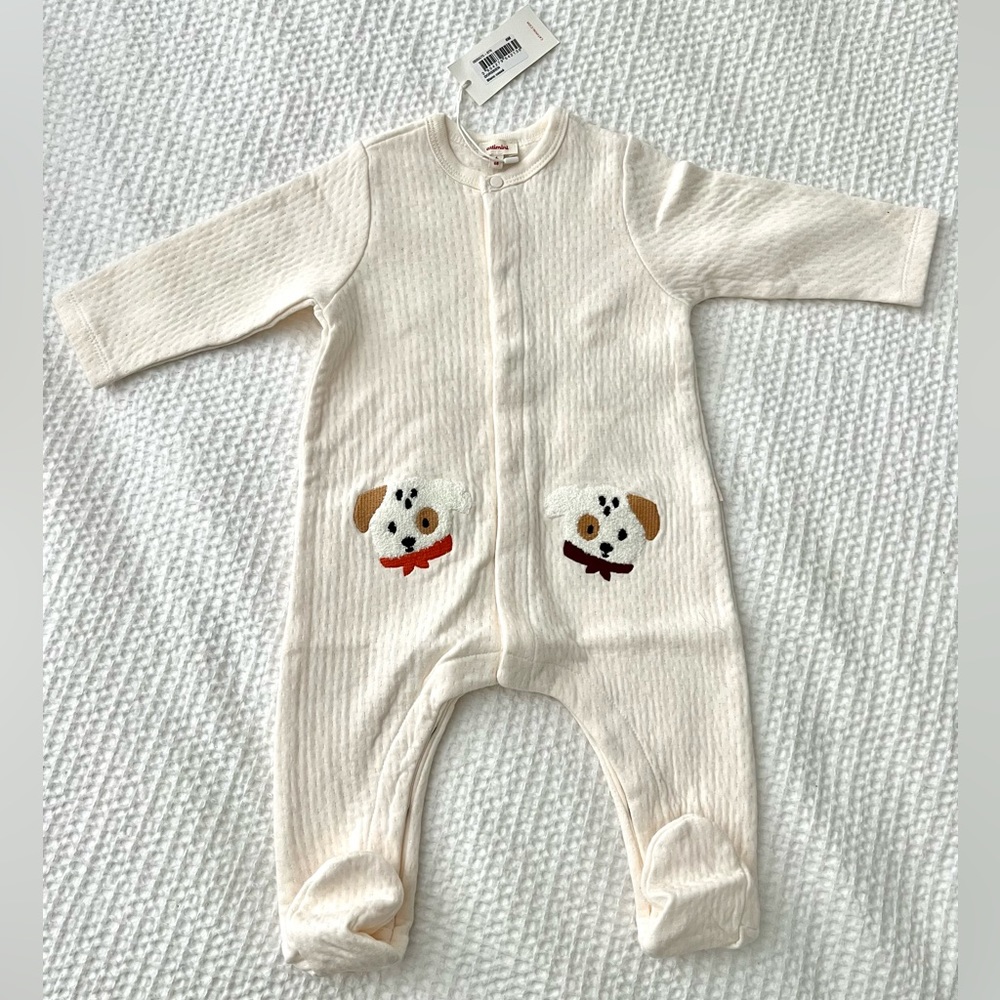 NWT Catimini embroidered dogs cream ling sleeve footie outfit 6 months